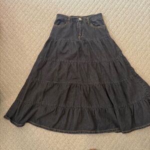 Vintage Black Denim Maxi Skirt Tiered Ruffle XS/S